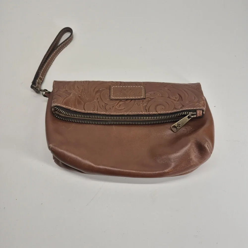 Patricia Nash Valerie Fold Over Wristlet Brown Tan Tooled Leather Finish